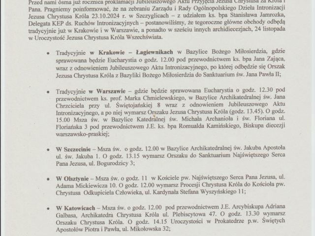 List do czcicieli Chrystusa Króla przed uroczystościami 24.11.2024 r.