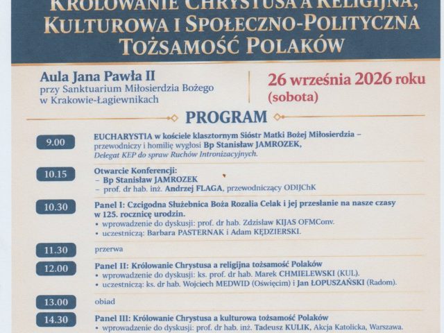 26.09.2026  – Ogólnopolska konferencja naukowa w Krakowie Łagiewnikach w 10 rocznicę proklamacji Aktu